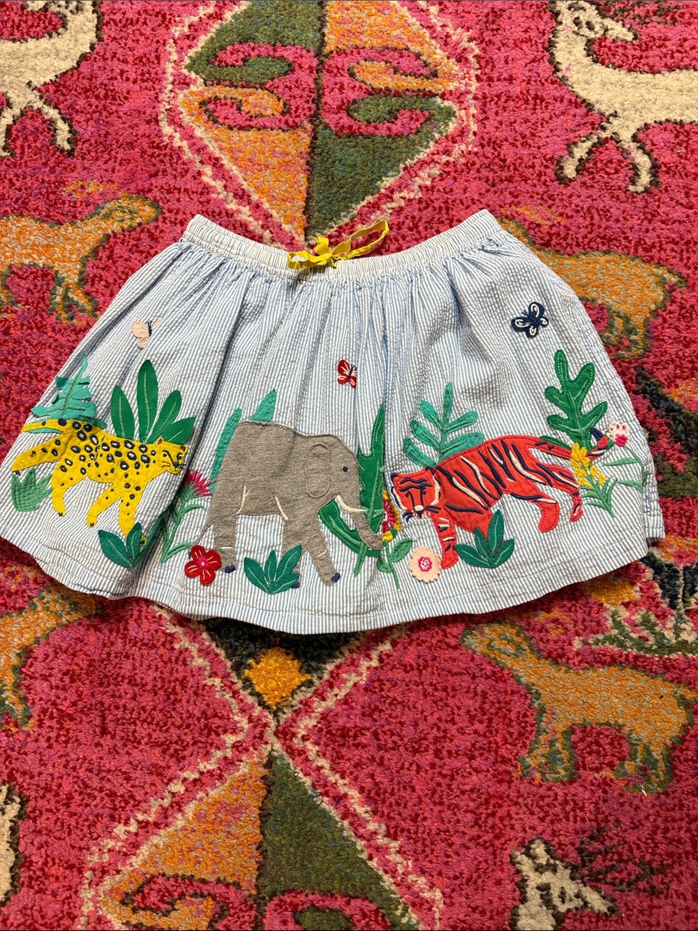 Mini Boden Blue Pinstripe Skirt with Jungle Animal Appliqués